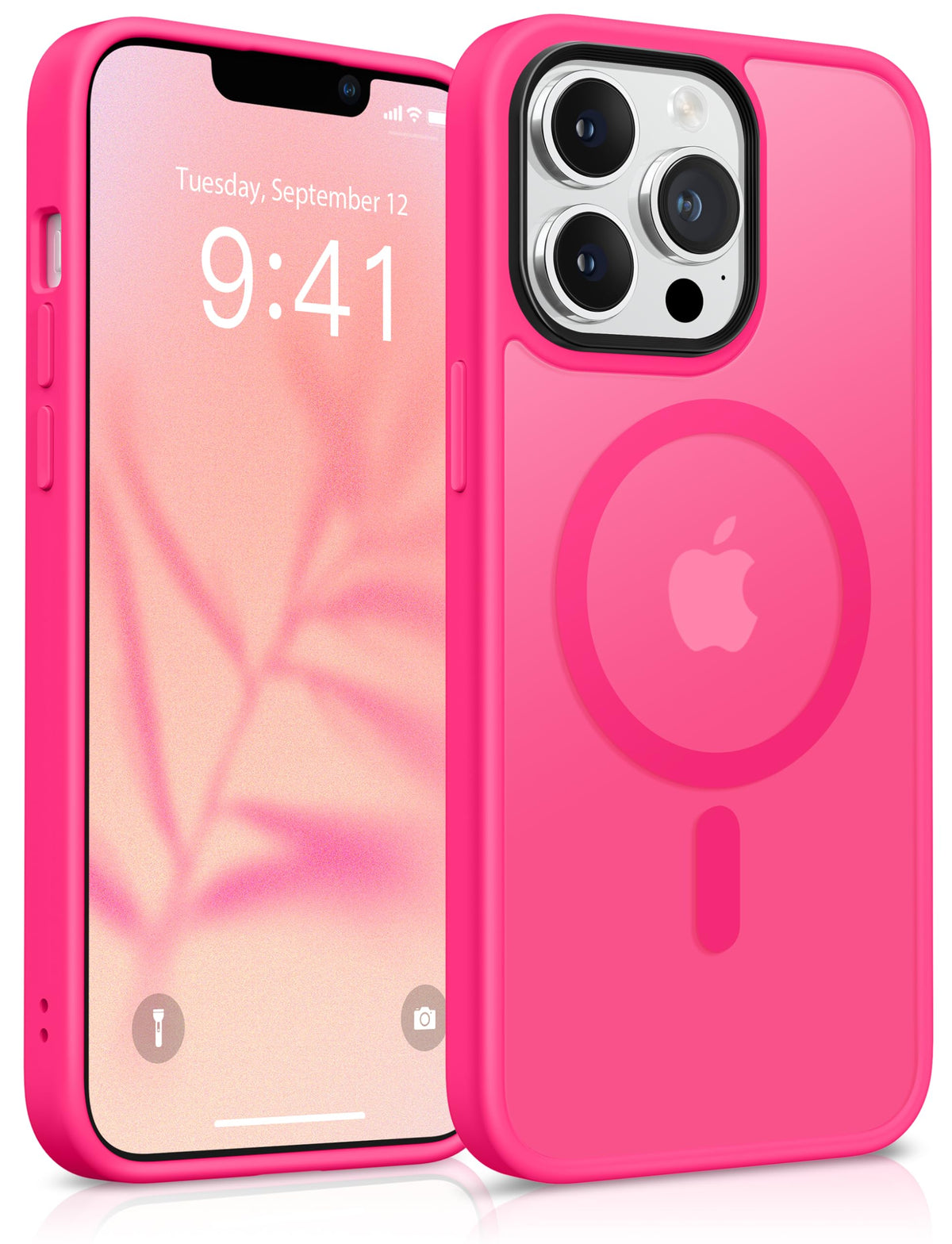 GONEZ iPhone 13 Pro Max用マグネットケース、MagSafe対応、[Military-Grade Drop Protection][Anti-Fingerprint] スリム半透明マットバック衝撃吸収電話保護ケース（ホットピンク）
