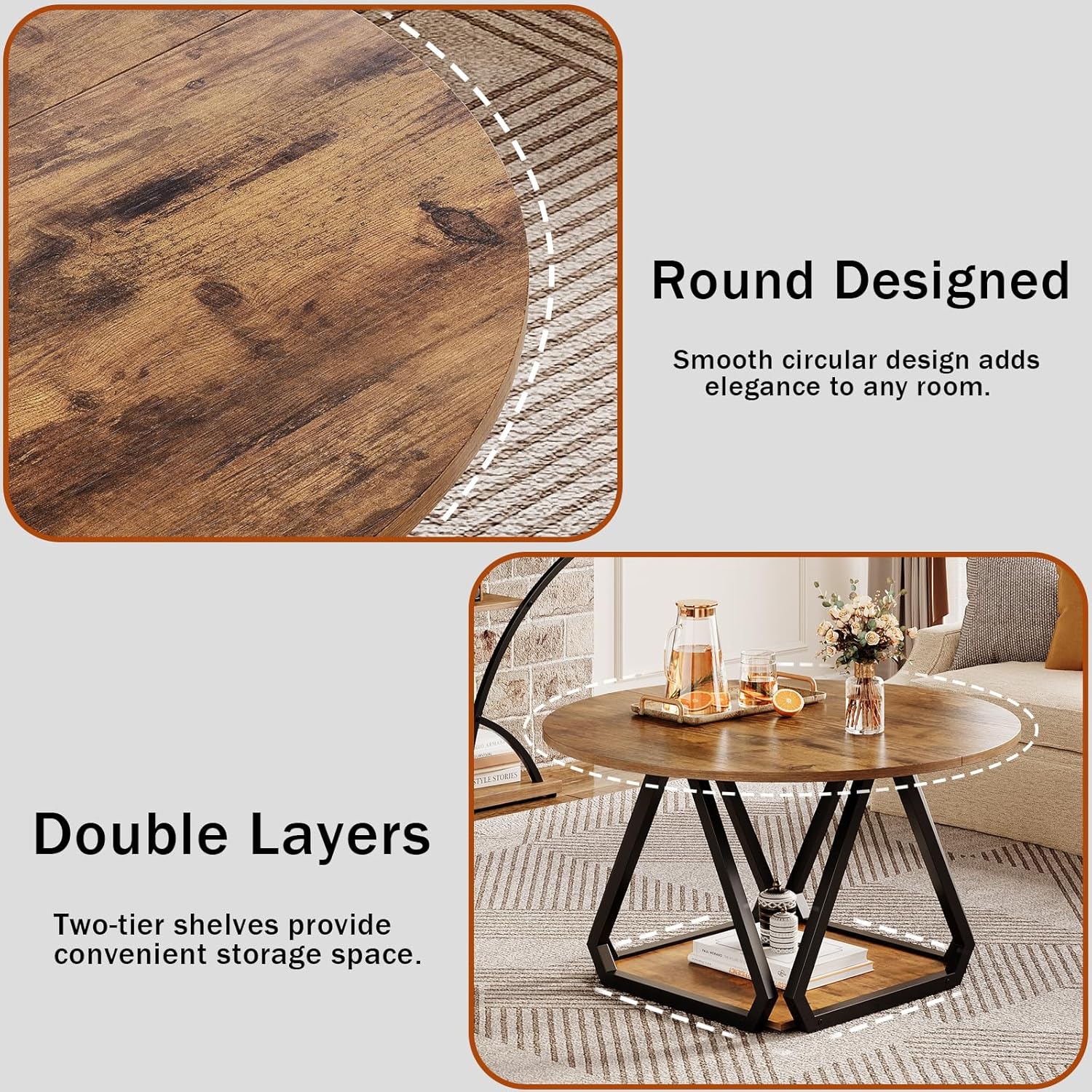 Round Coffee Table, 31.5" 2-Tier Center Table with Storage Shelf, Modern Rustic Circle Wood Coffee Table for Living Room, Apartment (Rustic Brown)