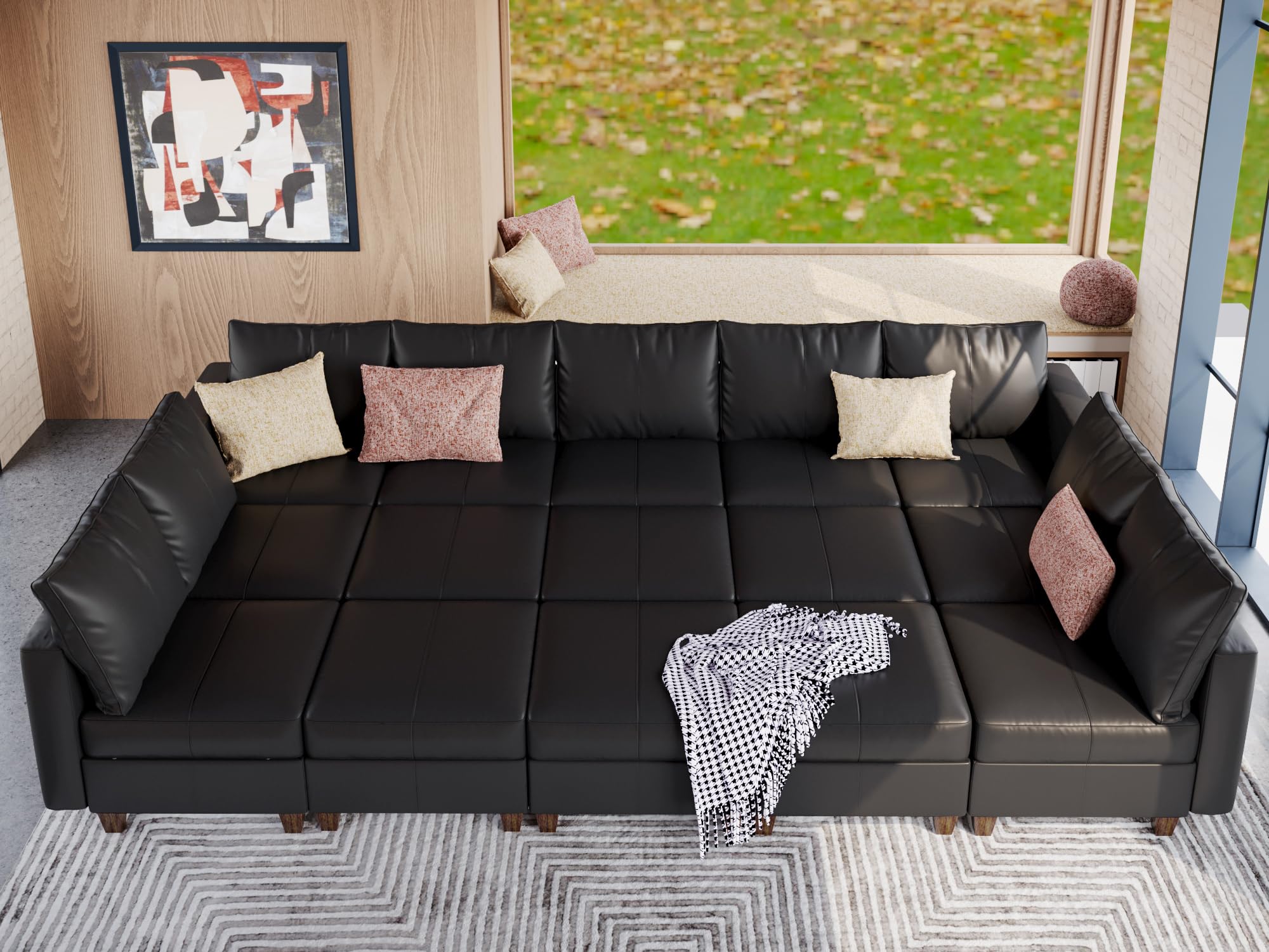 EASE MOOSE Faux Leather Sectional Modular Sleeper Sofa Sectional Sofa Bed with Storage, Faux Leather Modular Sofa Sectional Couch Brown