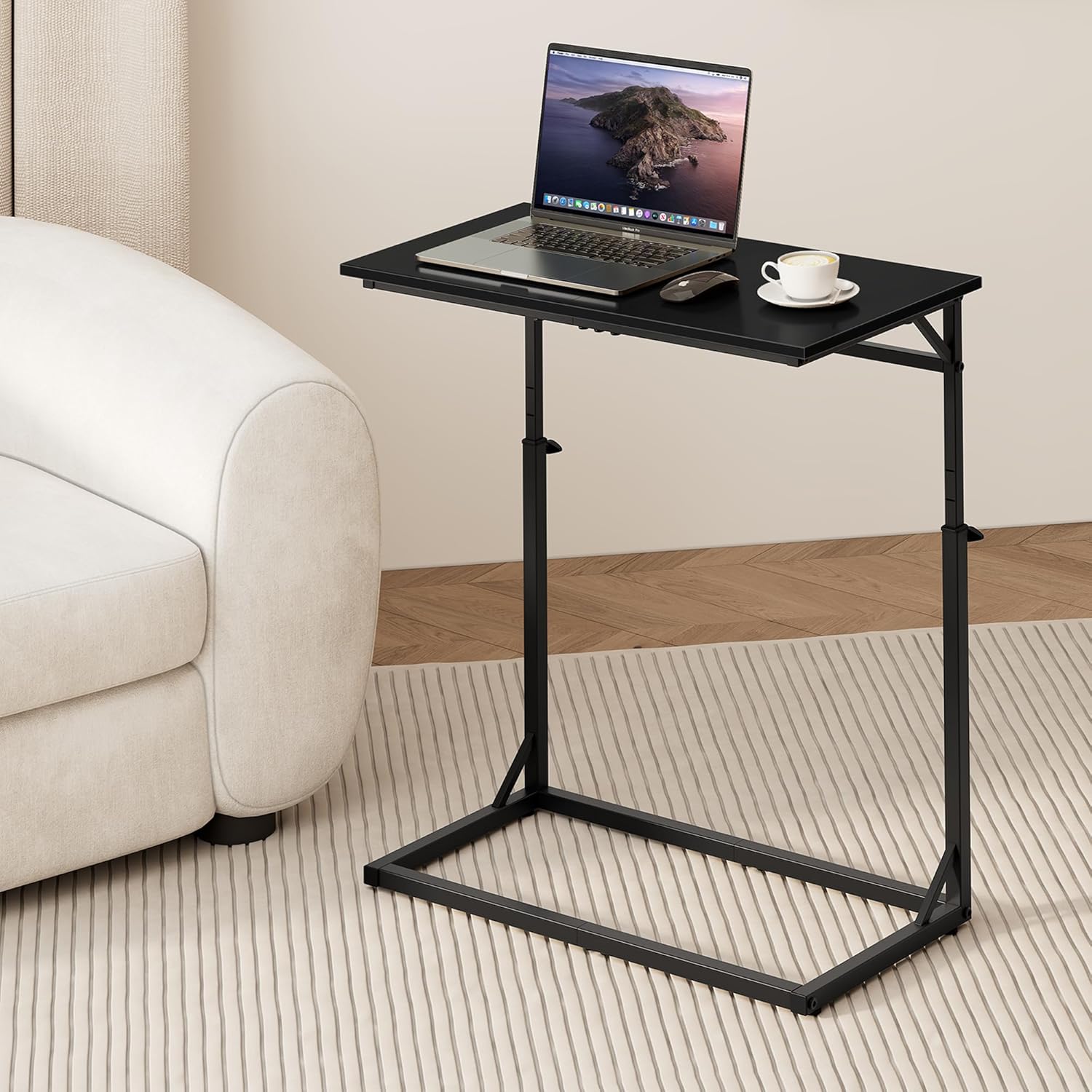 Vagusicc C Shaped End Table, 33"Tall Side Table for Couch, C-Table Sofa Table Adjustable Height Side Table, Large Surface Slide Under Couch Table, Coffee Table TV Tray for Living Room, Bedroom, Black