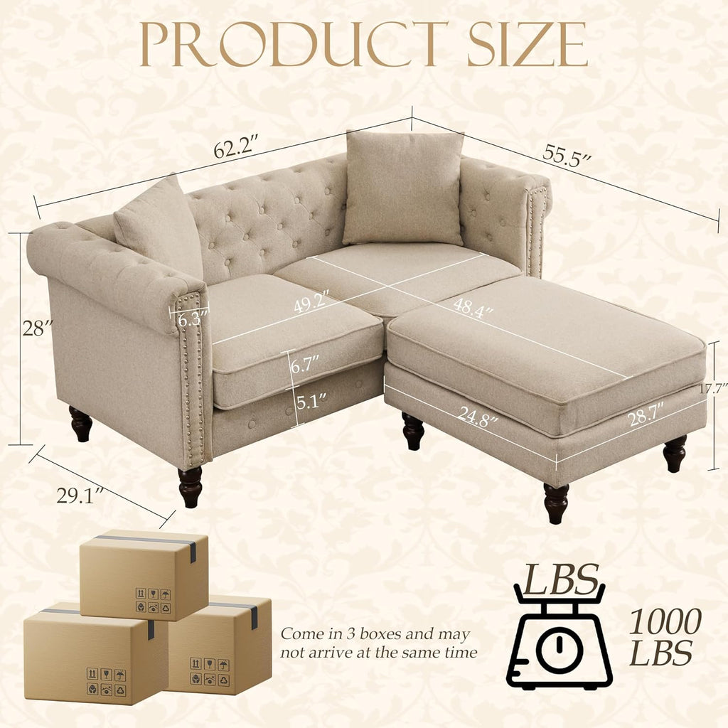 Mid-Century Modern Chesterfield Sofa with Ottoman, Linen Loveseat Classical Retro 2 Seater Couch Tufted Deep Seat Sofa Pet Friendly Sofa Victorian Couch for Living Room (Grey)