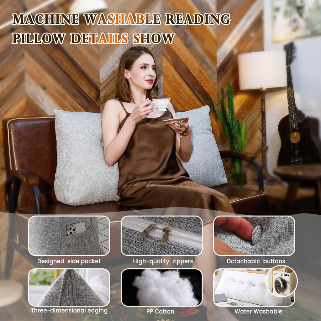 بالش پشتی بزرگ مثلثی Wellty Care با بالش رول سر، بالش تکیه‌گاه پشتی برای حمایت و استراحت در تخت با کاور قابل جدا شدن (خاکستری، دو نفره: 39x8x20 اینچ)