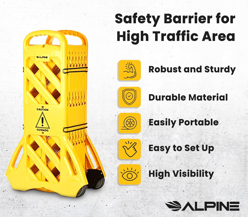 Alpine Commercial Safety Barriers, 13 Foot Expandable Mobile Barricade System - Folding Portable Barrier, Traffic Barricade Fence, Plastic Barricade for Construction, Traffic Control, Driveway Gate