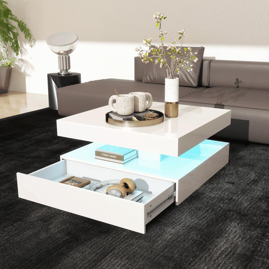 FKWin Black Modern Coffee Tables - Endless Depth Mirror Square Coffee Table with LED Lights, Black Table for Living Room, Tempered Glass-Top Center Tables, 31"