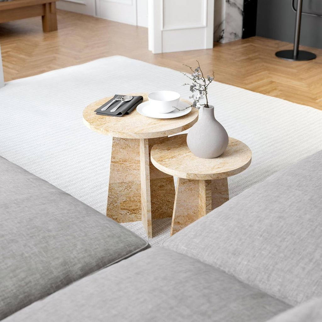 Travertine Efect Round Nesting Coffee Table Set of 2 Modern Coffee Table Small Side Table End Table for Living Room