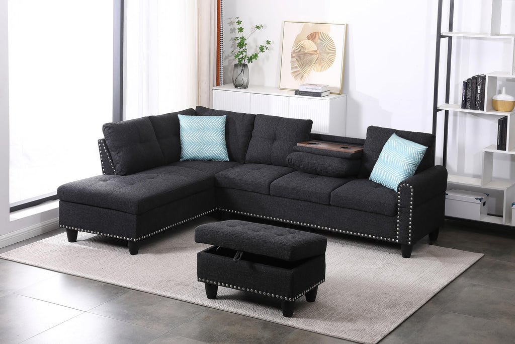 L-Shaped Oversized Reversible Sectional Sofa Couch with Drop-down Cupholders ,Modern Living Room 6 Seaters Corner Tufted Upholstered Sofa&Couch W/Reversible Chaise ,Storage Ottoman and Nailhead Decor