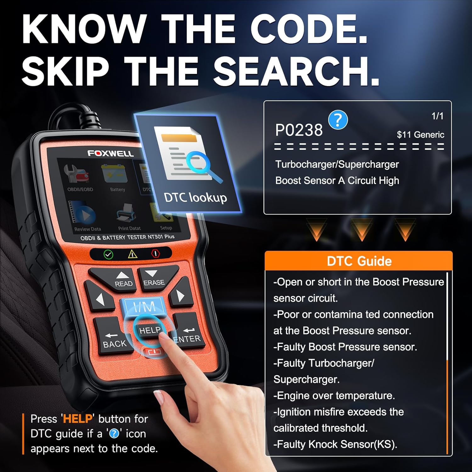 FOXWELL NT301 Plus 2-in-1 OBD2 Scanner Battery Tester, Professional Check Engine Code Reader Car Diagnostic Tool, Live Data, 12V 100-1100CCA Cranking Charging Analyzer for 1996 or Newer Vehicle