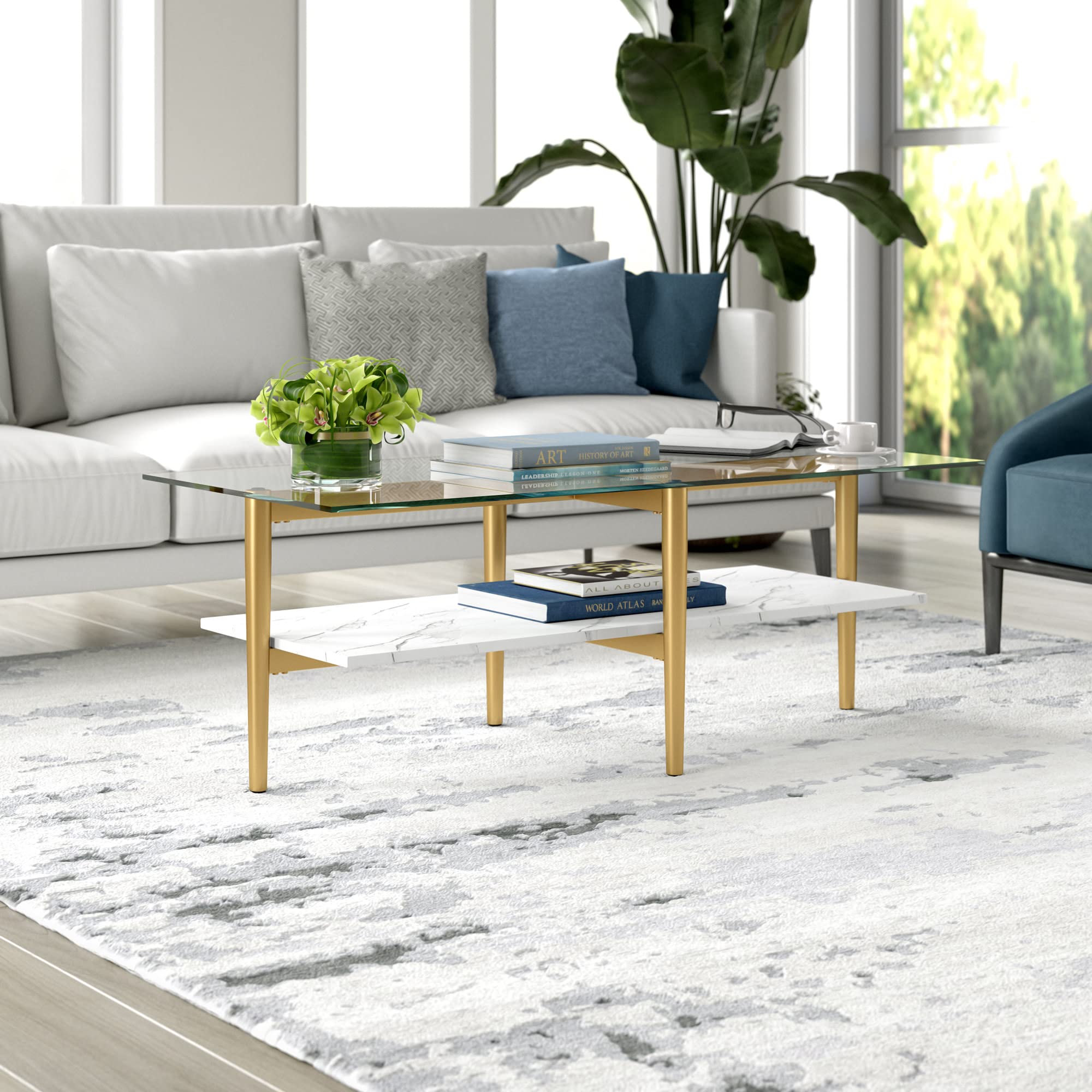 Otto 32" Wide Square Coffee Table with Faux Marble Shelf in Brass