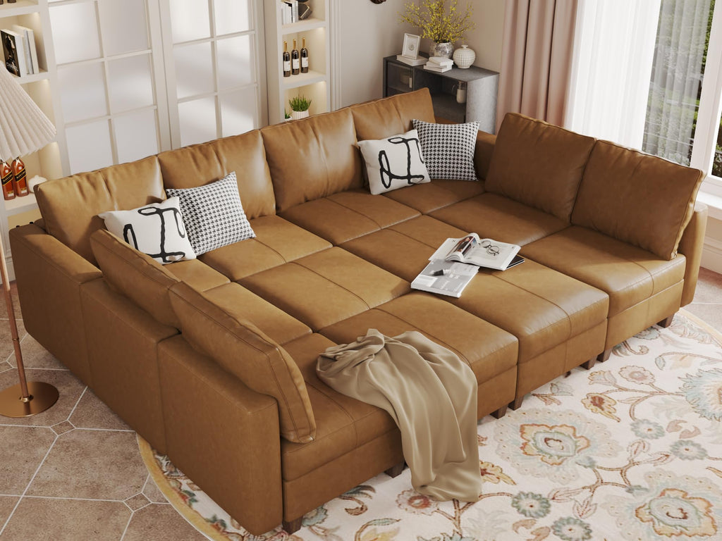 EASE MOOSE Faux Leather Sectional Modular Sleeper Sofa Sectional Sofa Bed with Storage, Faux Leather Modular Sofa Sectional Couch Brown