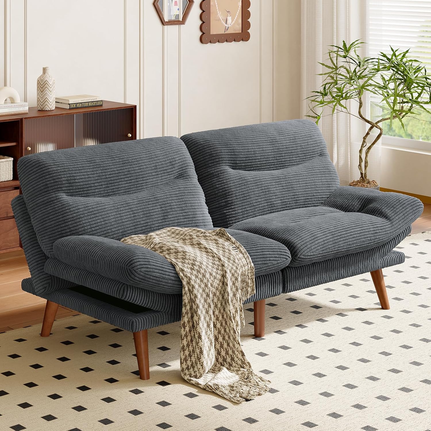 AMADA HOMEFURNISHING ,75″ Convertible Futon Sofa Bed,Loveseat with Adjustable Backrest & Armrests,Folding Futon Sleeper Recliner for Apartment, Living Room or Office, Corduroy Fabric,Grey