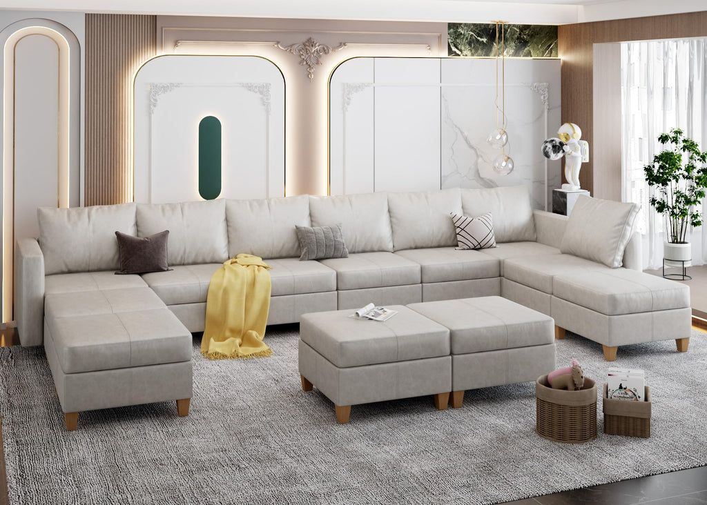 EASE MOOSE Brown Modular Sectional Couch with Storage, Faux Leather Sectional Modular Sofa or Living Room