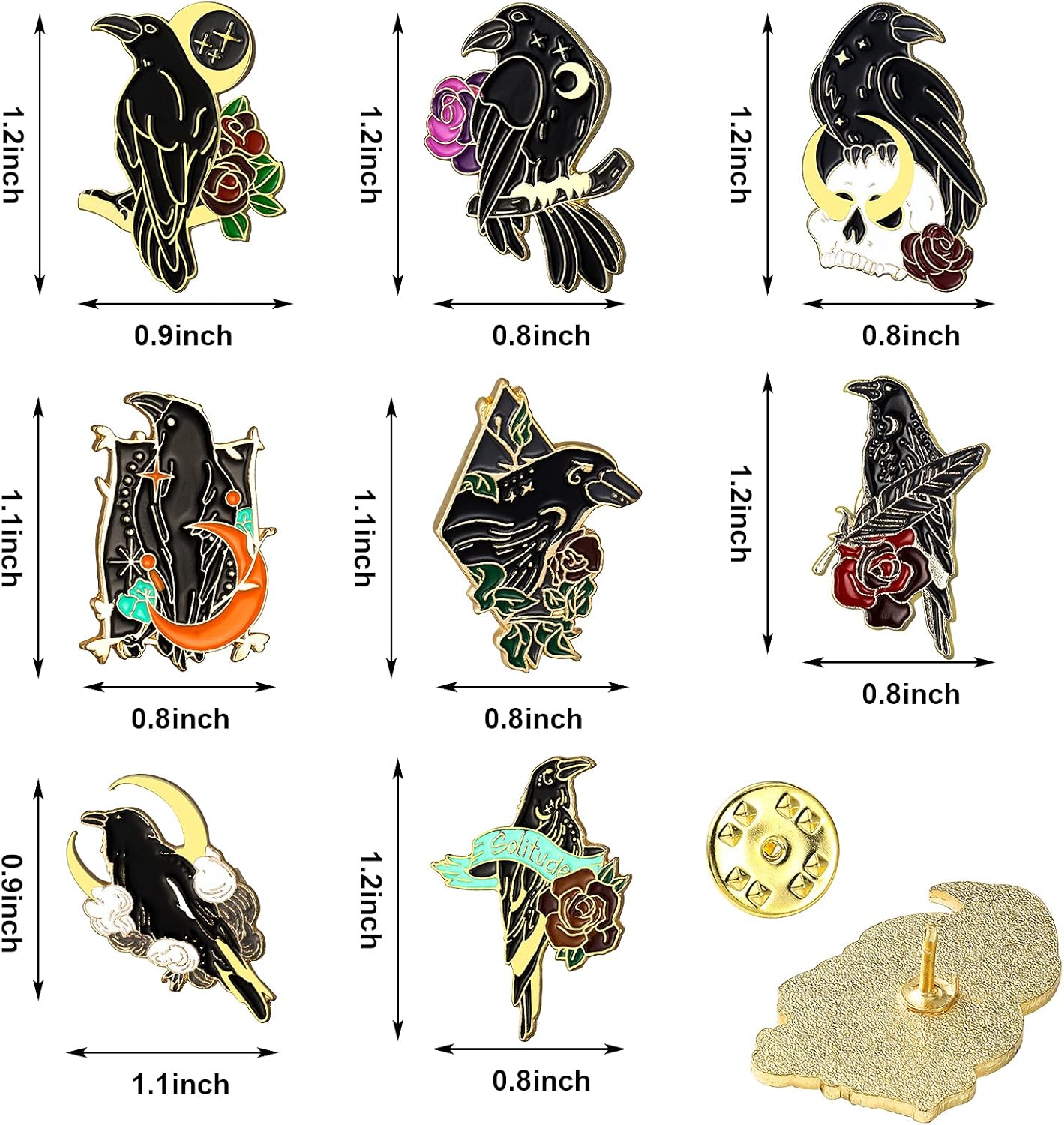 8 Pieces Crow Enamel Pins Set Rose Moon Lapel Anime Enamel Brooch Pins Aesthetic Gothic Badges for Women Backpack Denim Bag Jewelry Accessories