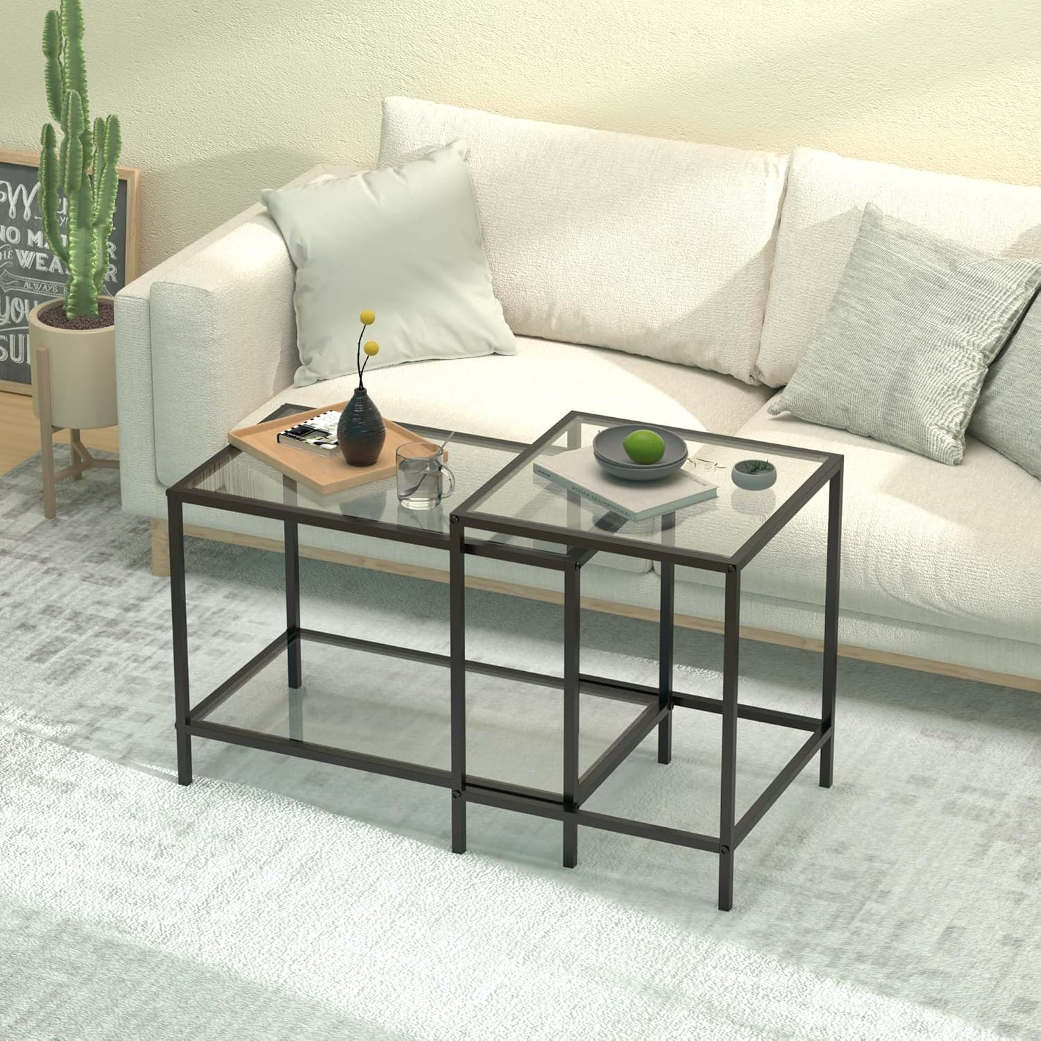 Nesting Coffee Table,Small Glass Coffee Table Set of 2,Black Modern Square Sofa Side Tea Table for Living Room,Bedroom and Small Spaces,2 Tier Tempered Glass with Sturdy Metal Frame, Easy Assembly