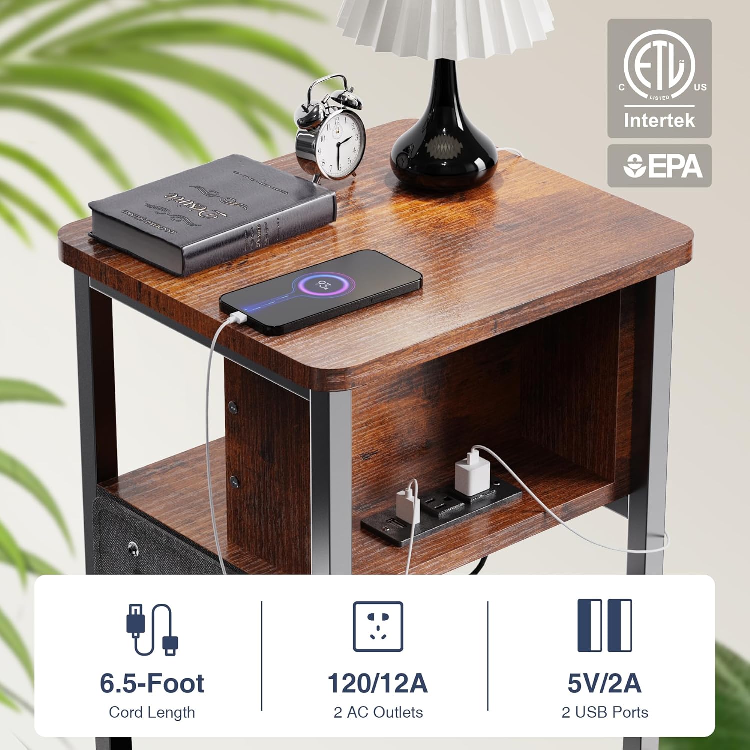 Merapi Small End Table with Charger, Side Table on Wheels, Mobile Nightstand with USB Ports, Rustic Wood Sofa Side Table with Storage for Small Spaces, Living Room, Bedroom, Home Office