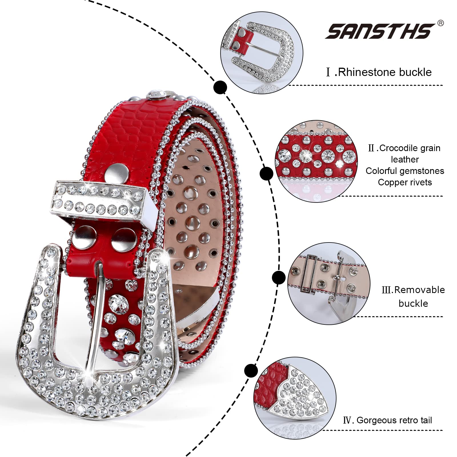 SANSTHS Women Rhinestone Belt for Jeans, Western Cowgirl Bling Studded Belt Faux Crocodile Grain Leather, Red S