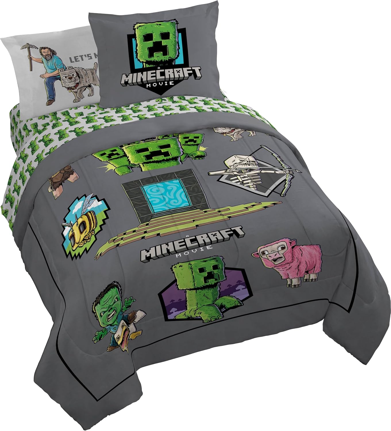 Jay Franco Kids Comforter Set Includes Sheets and Pillow Covers - Soft and Cozy Bed Set for Stylish Room Decor, Grey - Minecraft Movie, 7 Piece Queen Size Bedding