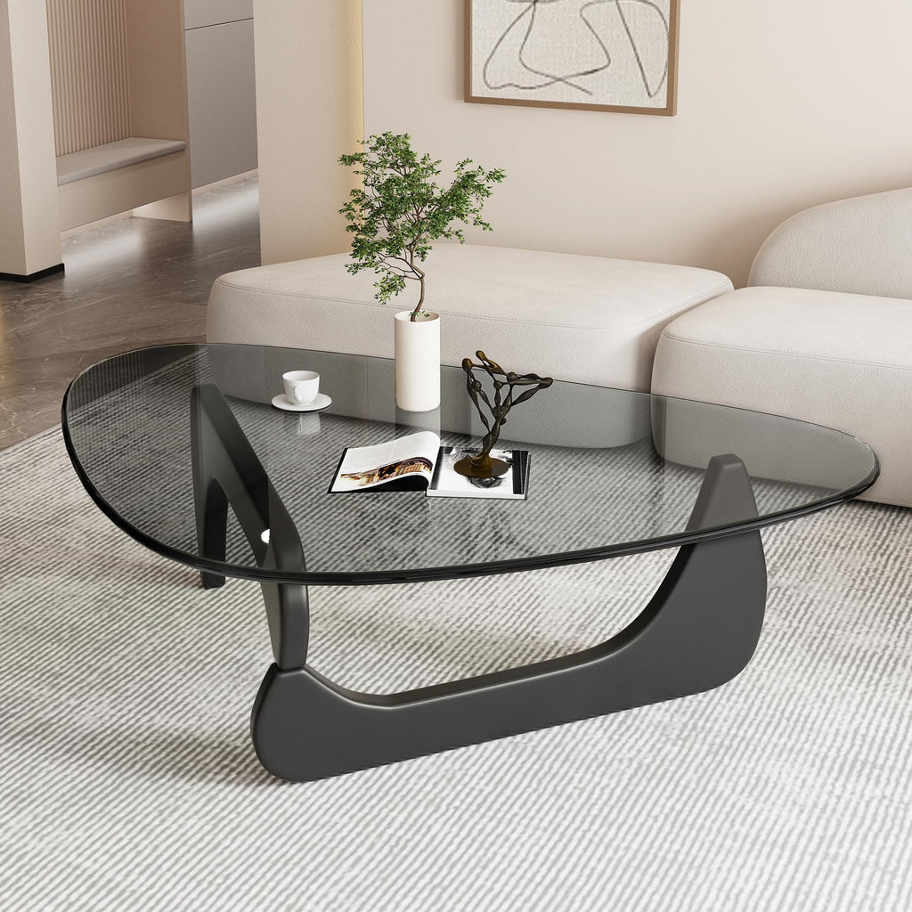 Coffee Tables for Living Room - Triangle Glass Coffee Table with Wooden Base Mid-Century Modern Abstract End Table for Study Room Office Hotel Balcony (Walnut Transparent, Small 32.2 * 22.4 * 16in)