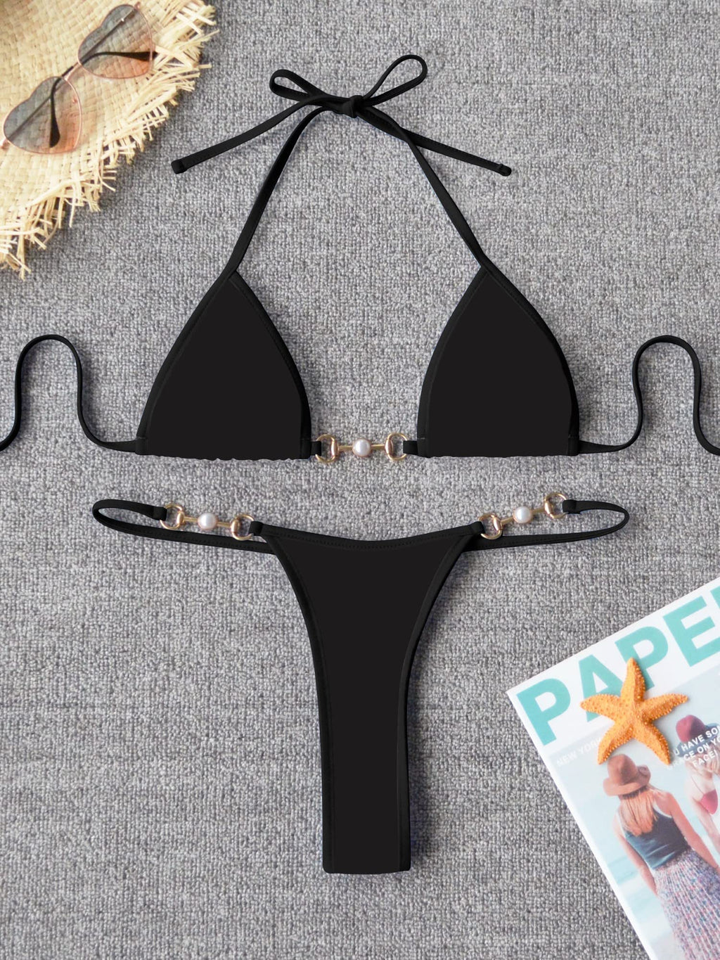 swimall Women's Triangle Thong Bikini Set Sexy Brazilian Two Piece Swimsuit Cute Bathing Suit - Solid Black - Small