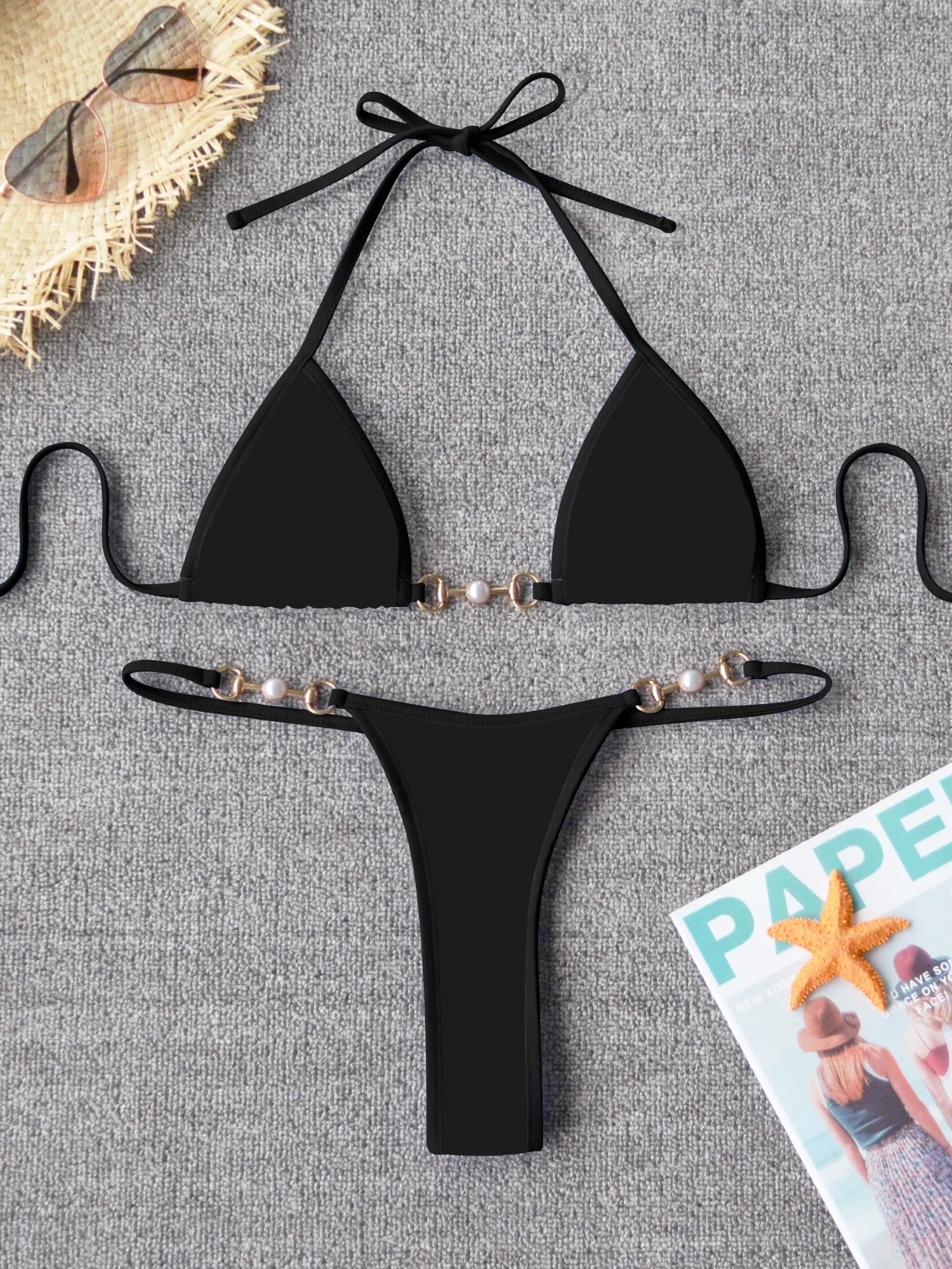 swimall Women's Triangle Thong Bikini Set Sexy Brazilian Two Piece Swimsuit Cute Bathing Suit - Solid Black - Small