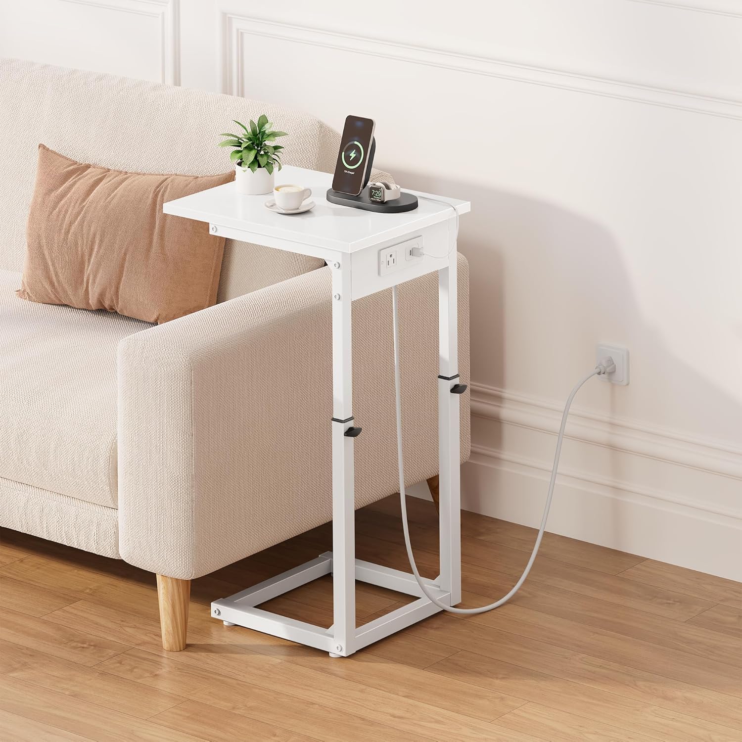 Vagusicc C Shaped End Table with Charging Station, 33" Tall Side Table for Couch, Sofa Table Adjustable Height Couch Side Table Coffee Table, Slide Under Sofa TV Tray C Table for Living Room, White