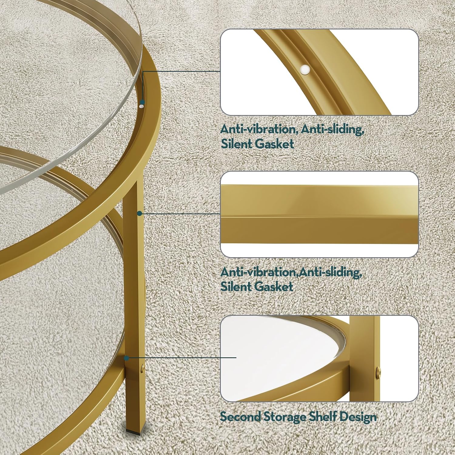 SAYGOER Round Glass Coffee Table 2 Tier Coffee Tables with Storage Shelf for Large or Small Space Modern Simple Center Table with Gold Frame for Living Room Home Office, Easy Assembly…