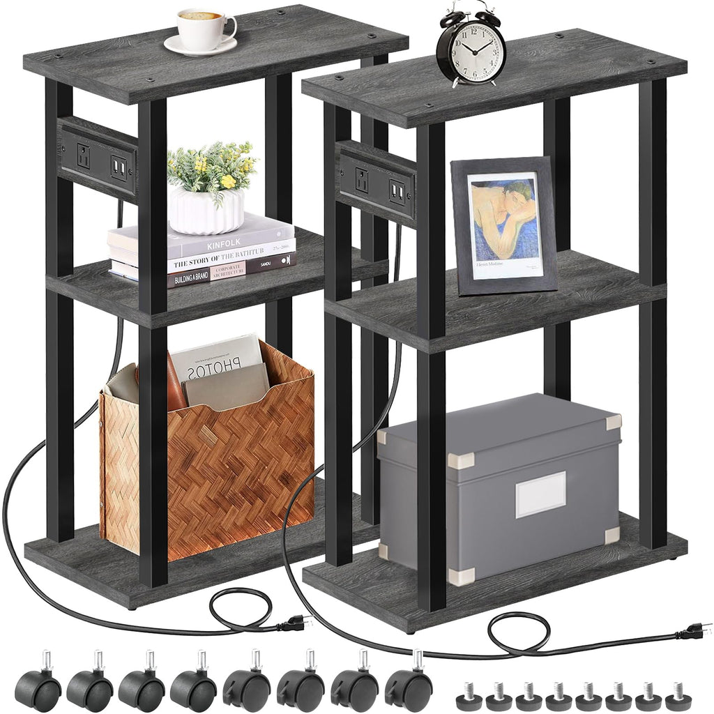 TUTOTAK Small Narrow Side Table with Charging Station, Skinny End Table for Small Spaces, Slim Nightstand with USB Ports and Outlet, Sofa Beside Table with Wheels, Brown TB01BB046