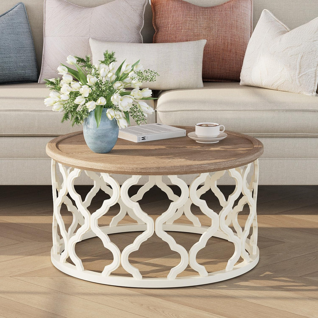 karlott Farmhouse Coffee Table, French Country Round Coffee Table, Distressed Wood Top with Curved Motif Frame Base for Boho, Living Room