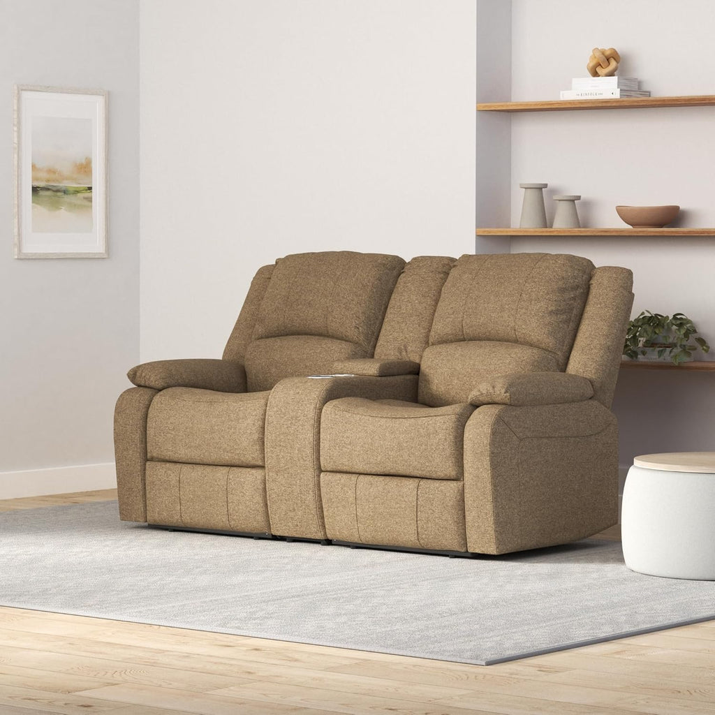 RecPro Charles 67" Double Recliner RV Sofa with Console and Cupholders | Zero Wall Loveseat for Camper | Wall Hugger Couch | Fifth Wheel Theater Seating | Replacement RV Furniture | Oatmeal Cloth
