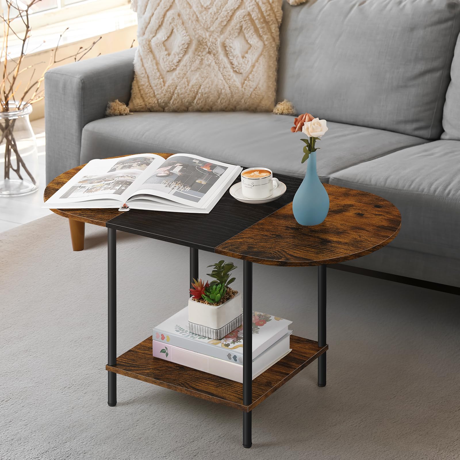 OYEAL Black Coffee Table for Living Room, 2-Tier Small Oval Center Table, Mid Century Farmhouse Round Tea Table with Storage Shelf for Small Space, Home Office, Living Room