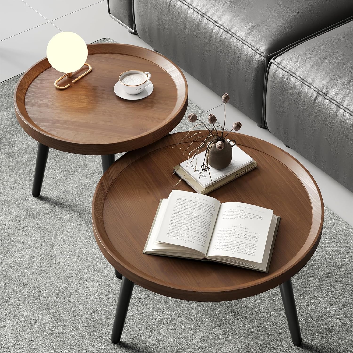 Small Round Coffee Table Set of 2, Walnut Coffee Tables for Living Room, Mid Century Modern Nesting Coffee Table, Wood Circle Center Tables, Black Wooden Side End Table, mesa de Centro para sala