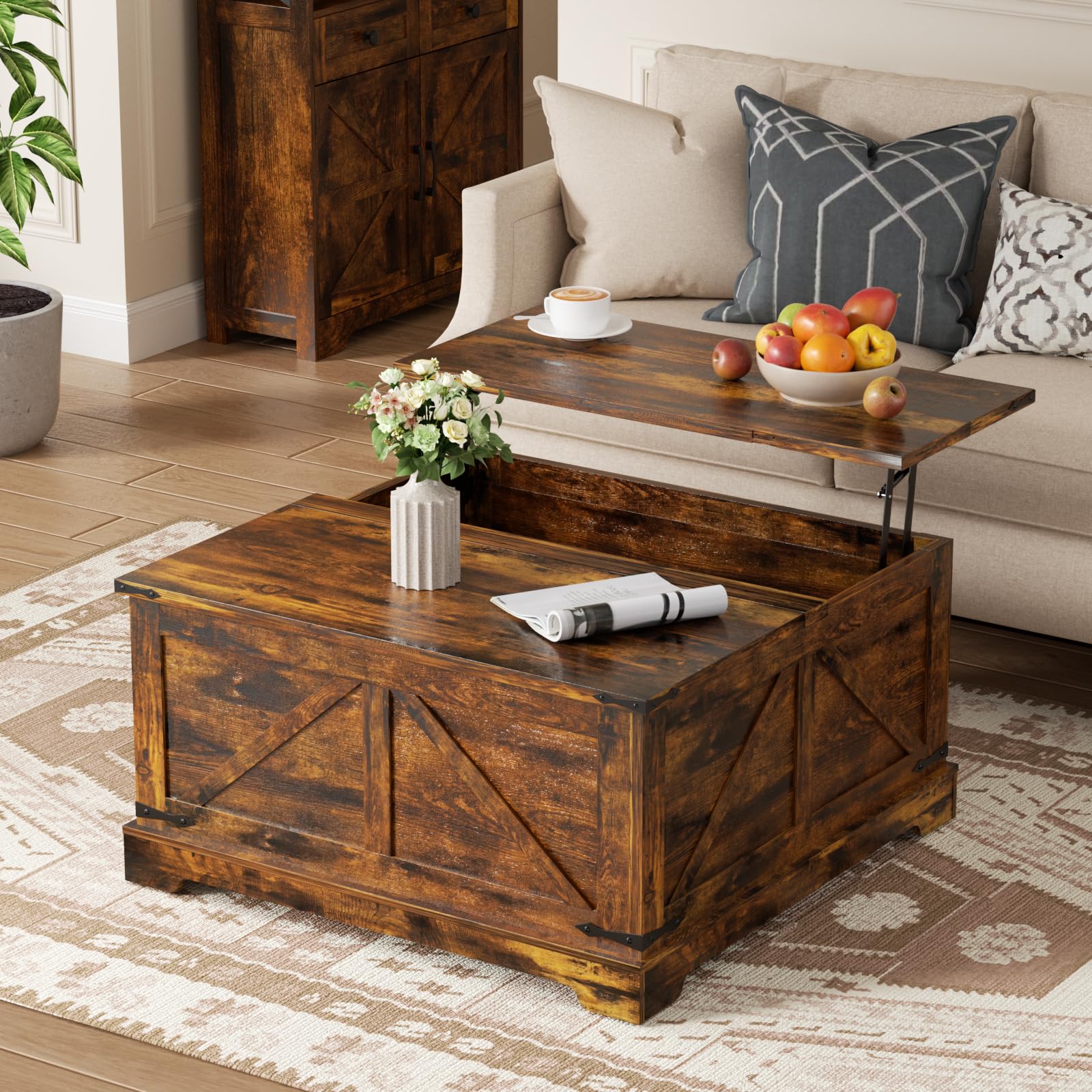 Coffee Table with Storage, 31.5" W Farmhouse Lift Top Wood Square Center Table with Charging Station, Rustic Cocktail Tables with Flip Top Lids for Living Room, Home Office, Rustic White