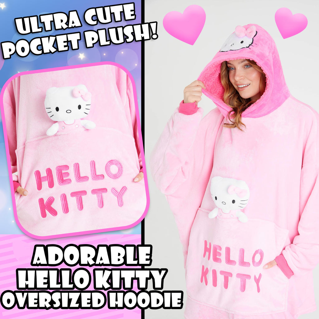 Hello Kitty Women Blanket Hoodie with Attached Plush Loungewear - Gifts for Her