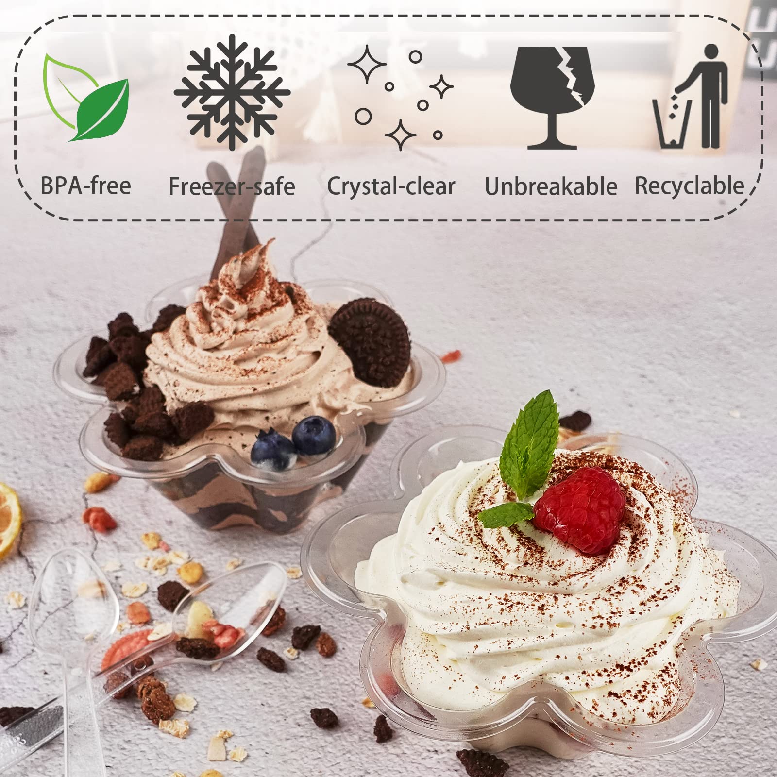 50 Stück 8oz klare Plastik-Dessertbecher mit Löffeln, Einweg-Blumenförmige Eisschalen, Party-Sundae-Servierschalen für Eis, Nüsse und Salat, Trifle-Verkostungsbehälter