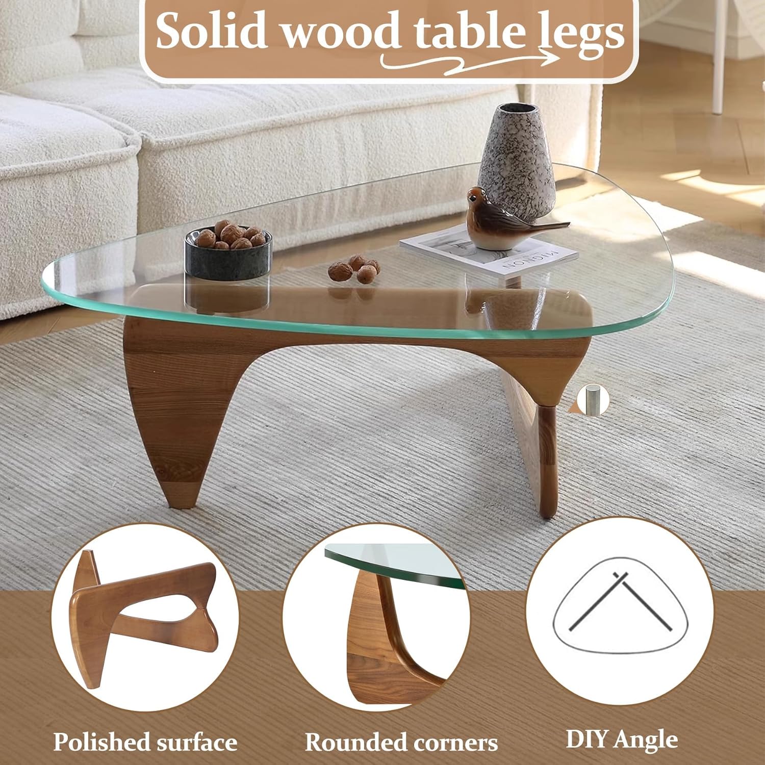 Small Coffee Table Modern Glass Coffee Table, Mid Century Coffee Tables for Living Room, Mesa de Centro para Sala, Rustic Oval Coffee Tables with Glass Top & Wood Base, (Walnut Brown, 31.5in)