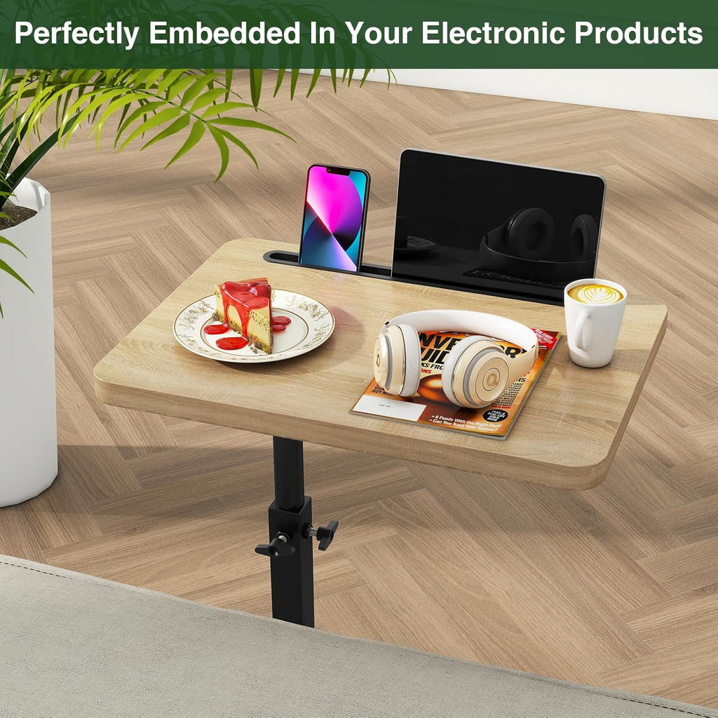 IBUYKE Tray Table for Couch, 360° Swivel Height Adjustable End Table for Small Spaces, with Phone & Tablet Slot, Modern Small Coffee Snack Table for Sofa/Bed, Natural UTVT003R