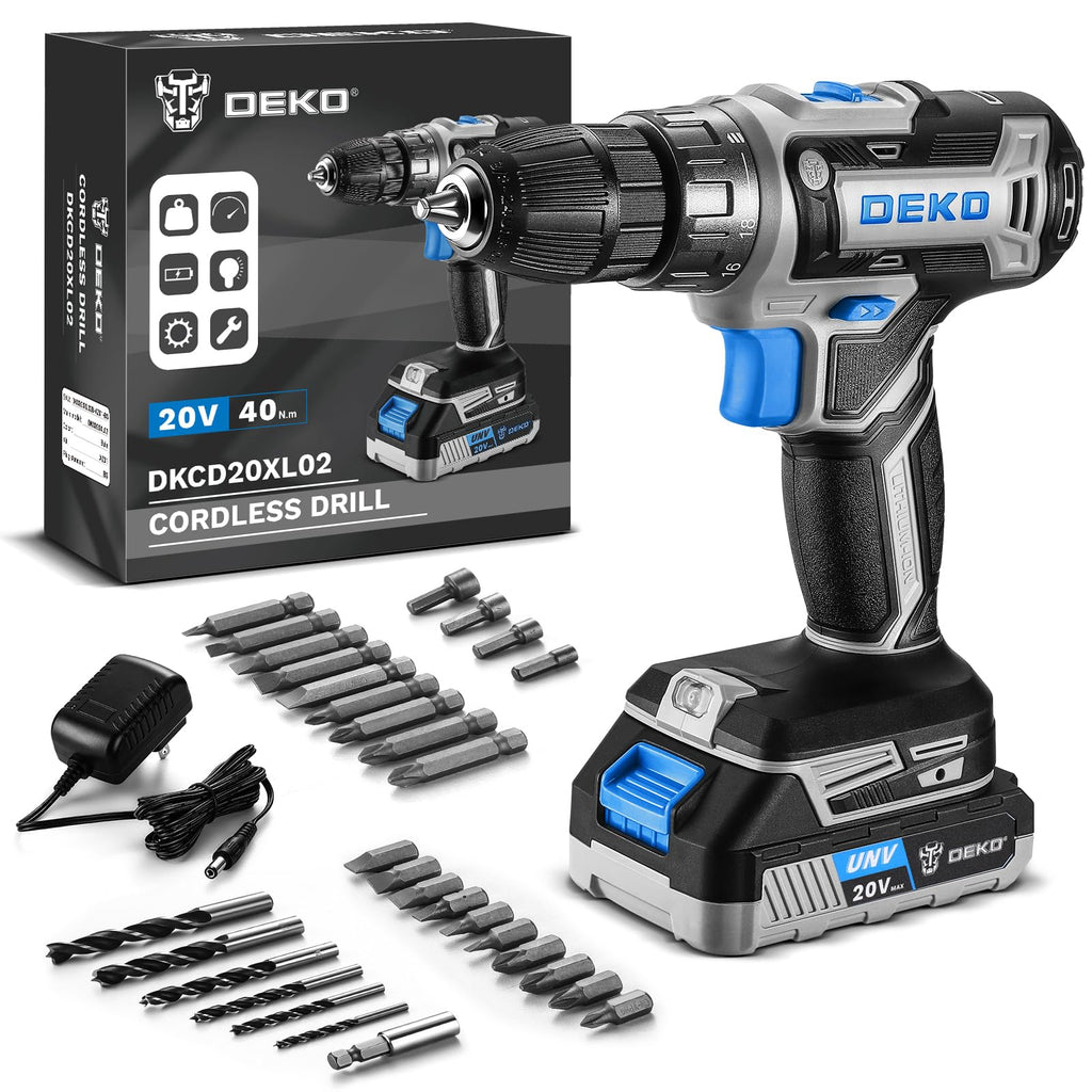 Power Drill Cordless: DEKO PRO Cordless Drill 20V Electric Power Drills Set Tool Drills Cord-less Set with Battery and Charger