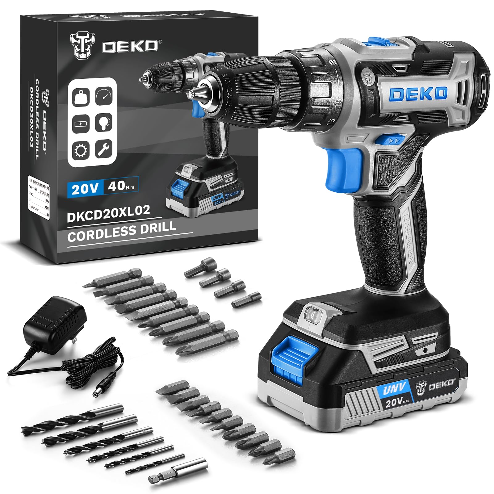 Power Drill Cordless: DEKO PRO Cordless Drill 20V Electric Power Drills Set Tool Drills Cord-less Set with Battery and Charger