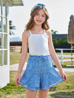 Pige blomstrede nederdele Børnemode elastisk høj talje flæse flydende shorts med snøre 5-14 år blå