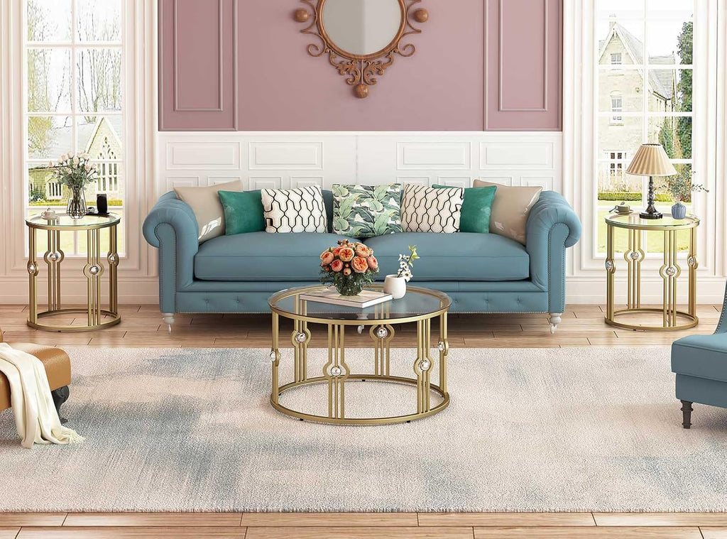 OIOG Glass Coffee Table for Living Room, Gold Coffee Table with Tempered Glass, Round Coffee Table for Office