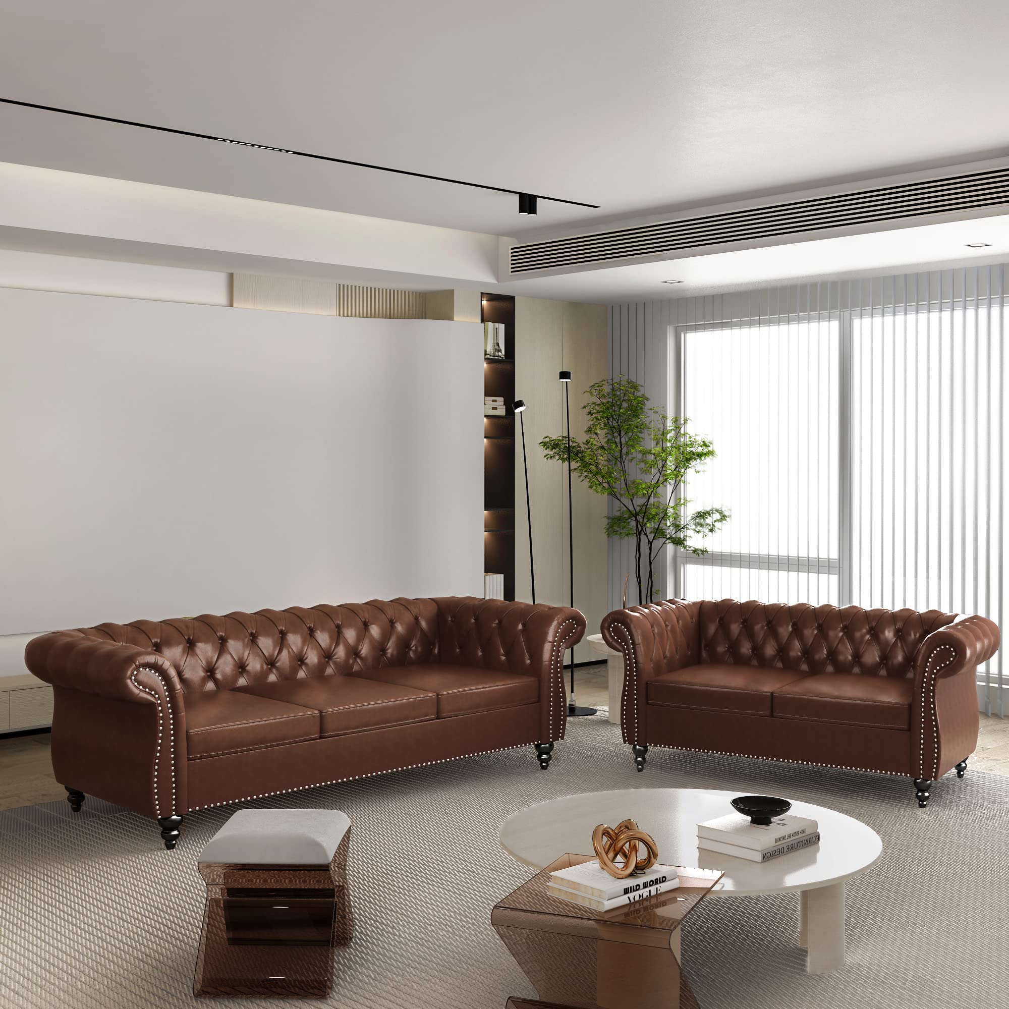 QHITTY 3 Piece Living Room Set, Sectional Chesterfield Sofa Chair Contemporary Upholstered Leather Loveseat Couch Sets for Living Room, Bedroom, Office