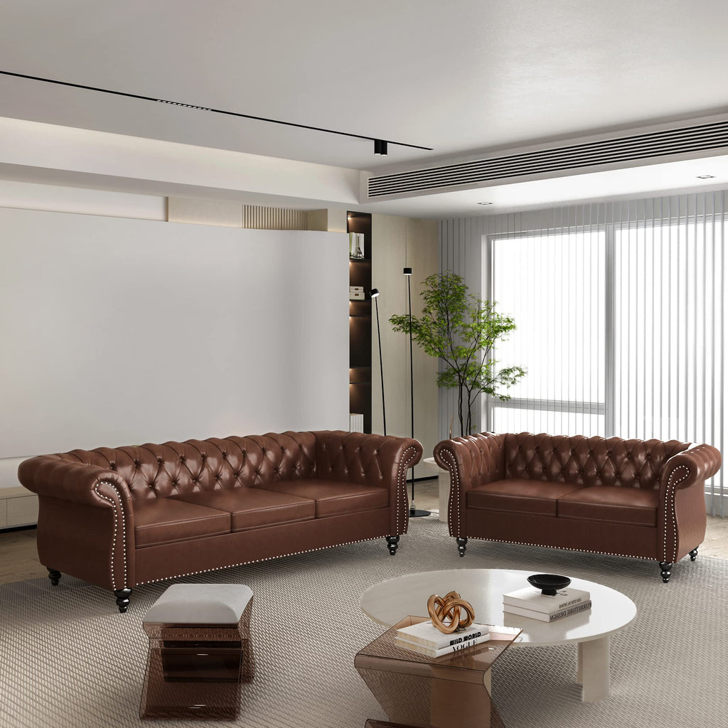 2 Piece Living Room Set, Chesterfield Leather Sofa Couch Chair with Scroll Arms and Nailhead for Living Room, Office (Dark Brown)
