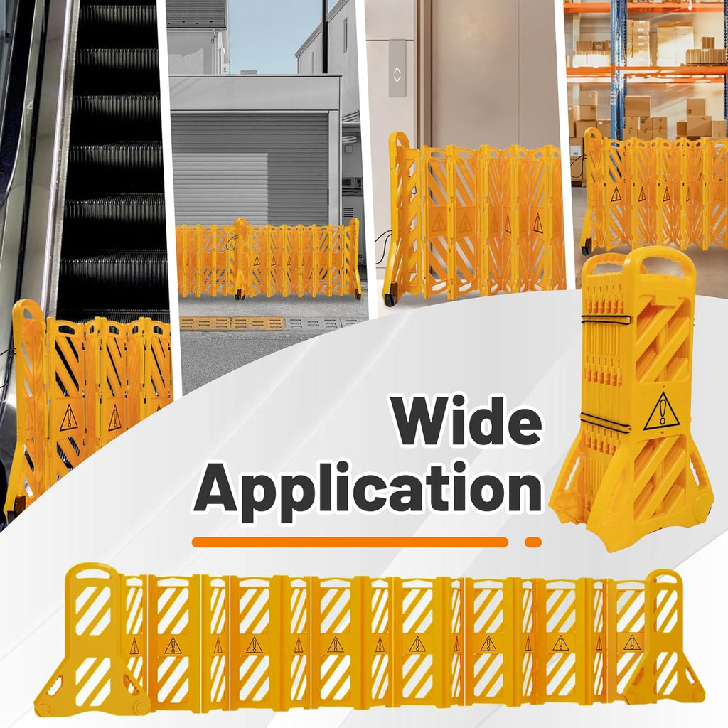 13 Feet 16 Hinged 1 Yellow Warning Panels, Commercial Portable Safety Barrier, Foldable Security Gates Barrier, Traffic Barricade Fence, Plastic Barricade for Construction, Traffic Control