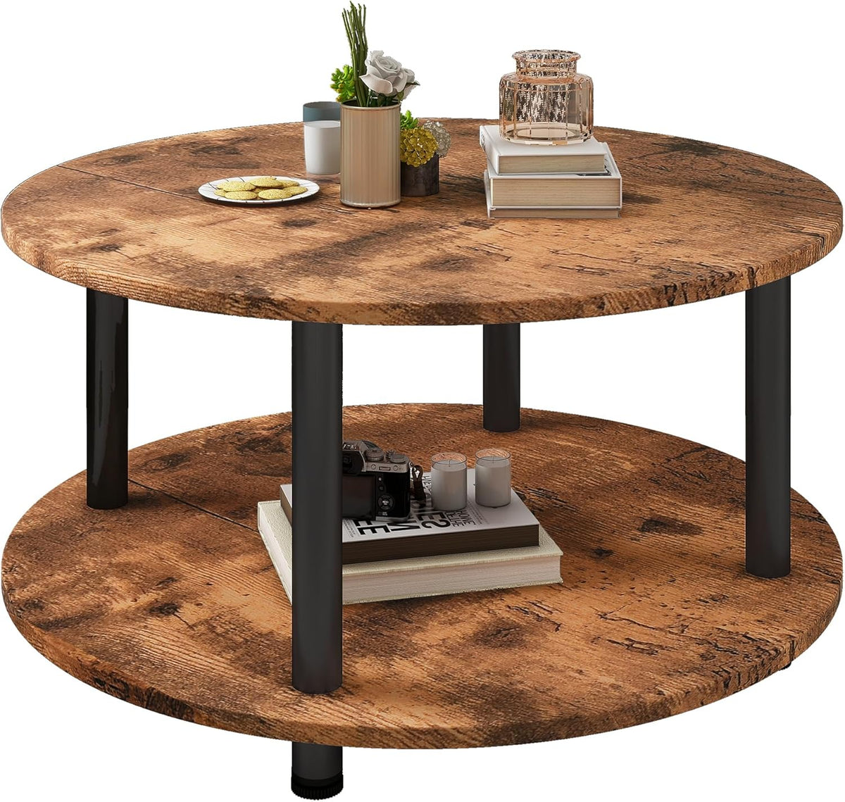 23.6" Round Coffee Table, 2-Tier Small Circle Coffee Table with Storage, Modern Center Accent Table with Metal Frame, Side Table End Table for Small Space, Living Room, Office, Rustic Brown