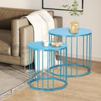 LEWIS&WAYNE Outdoor Side Table Set of 2, Metal Circle Accent End Tables for Balcony Backyard Garden Indoor Living Room, Durable Blue Nesting Coffee Tables, 20”+16” Dia