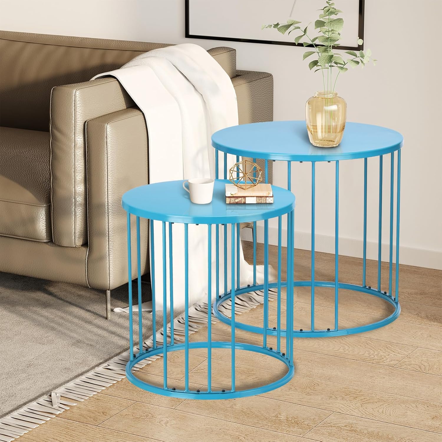 LEWIS&WAYNE Outdoor Side Table Set of 2, Metal Circle Accent End Tables for Balcony Backyard Garden Indoor Living Room, Durable Blue Nesting Coffee Tables, 20”+16” Dia