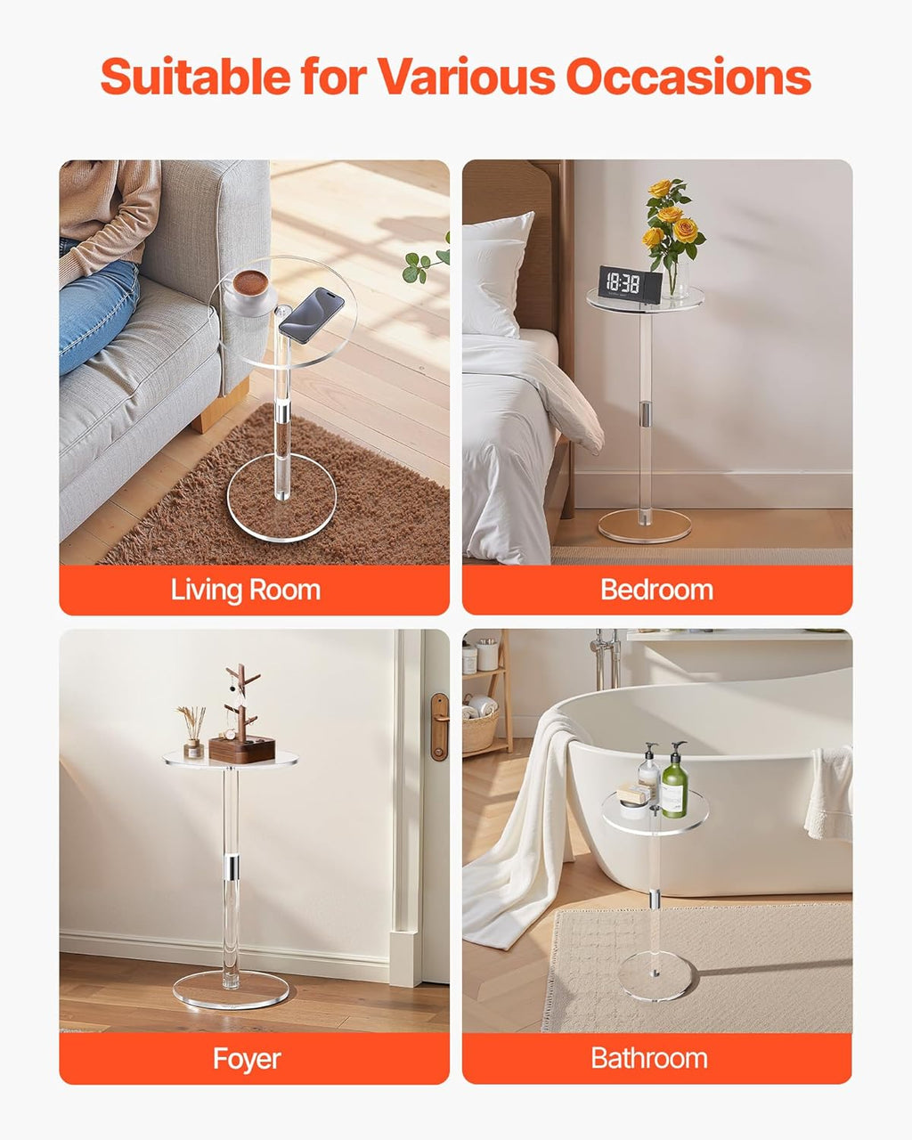 VEVOR Acrylic Drink Table, Clear End Table Round Top with Solid Post, Modern Acrylic Cake Table Stand, Transparent Side Desk for Coffee, Drink, Food, Snack, Easy Assembly, 10 x 10 x 21.3 in (Clear)