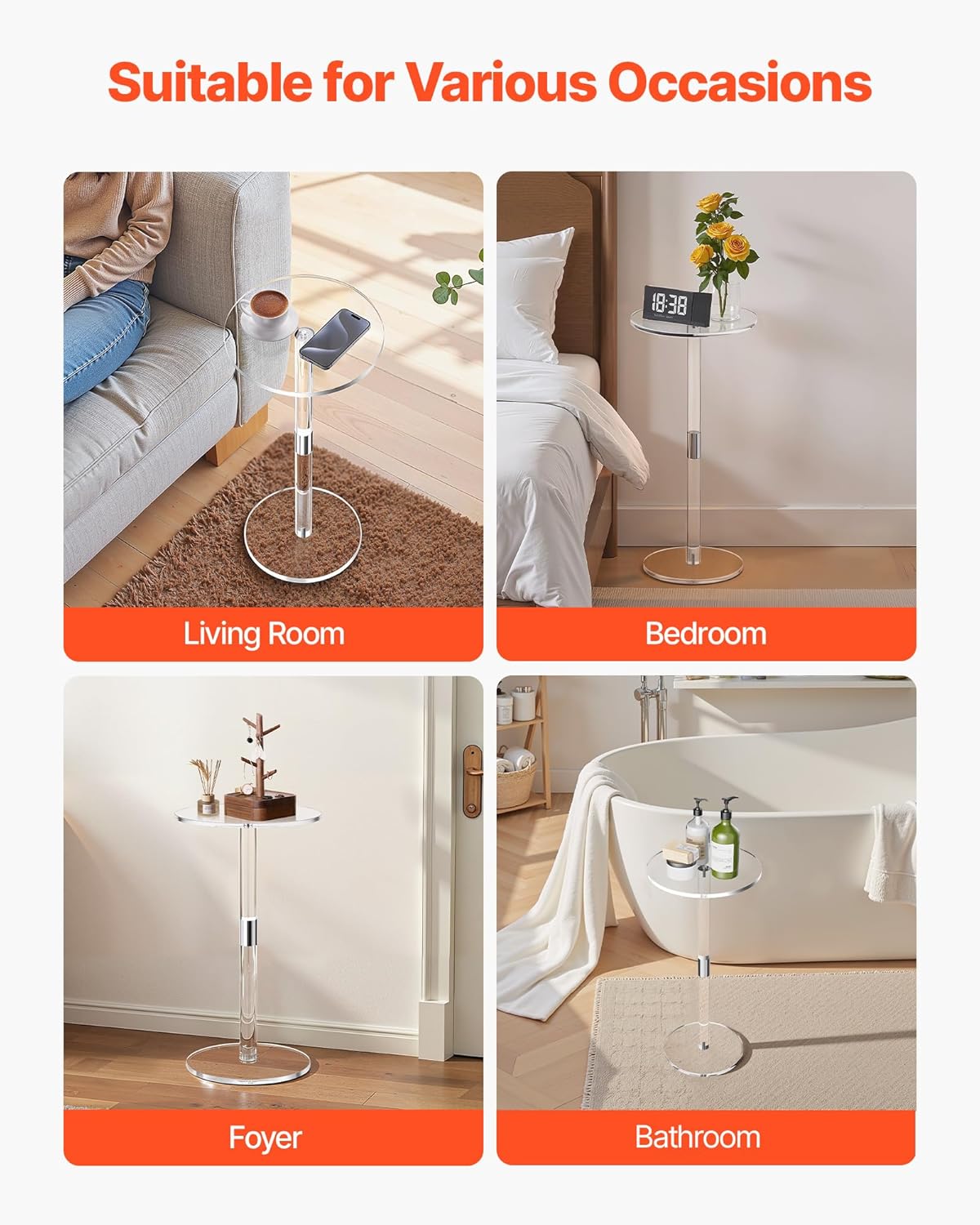 VEVOR Acrylic Drink Table, Clear End Table Round Top with Solid Post, Modern Acrylic Cake Table Stand, Transparent Side Desk for Coffee, Drink, Food, Snack, Easy Assembly, 10 x 10 x 21.3 in (Clear)