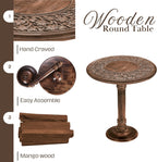 Wooden End Table for Living Room - 18x22 Burnt Finish Carved Side Table, Single Pillar Nightstand, Bedside Table for Books, Plants, Magazines, Small Space Accent Table