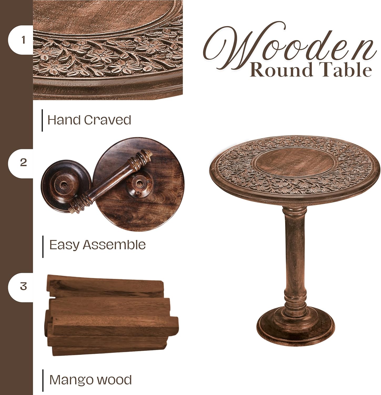 Wooden End Table for Living Room - 18x22 Burnt Finish Carved Side Table, Single Pillar Nightstand, Bedside Table for Books, Plants, Magazines, Small Space Accent Table