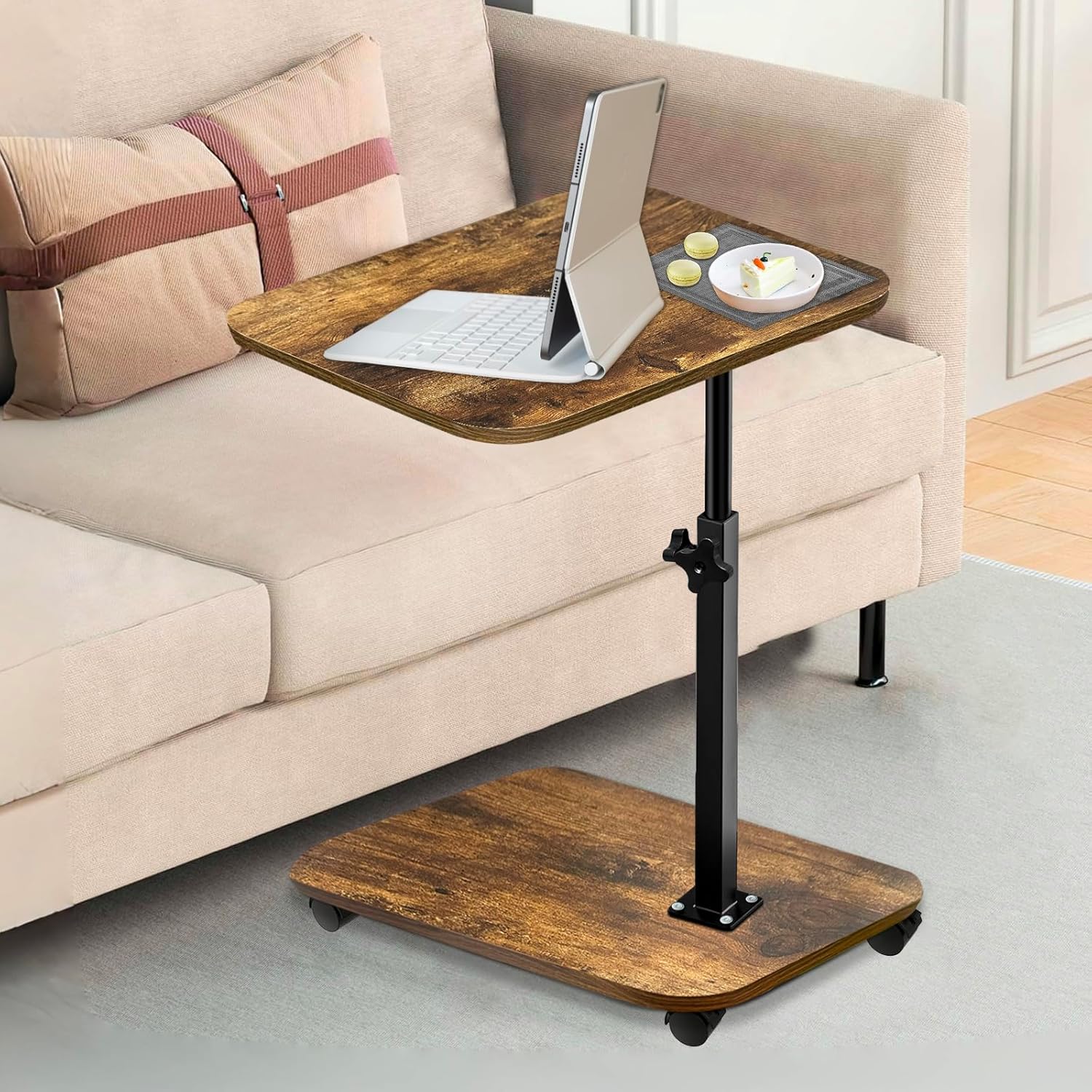 TV Tray with Wheels, 2-Tier Side Table for Couch – Adjustable Height & Angle, 360° Swivel C-Shaped End Table for Snacks, Meals, Coffee, Books, Tablets – Rustic Brown